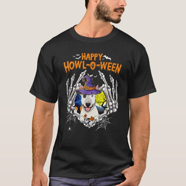 Camiseta Bull Terrier Skeleton Heart Howl O Ween Cost (Frente)