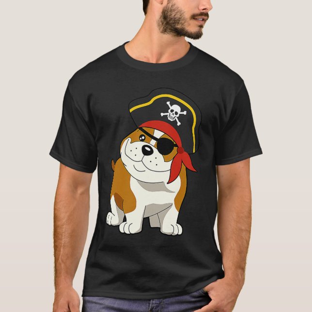 Camiseta Bulldog Dog Pirate Captain with Skull Easy Hallowe (Frente)
