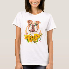 Camiseta Bulldog em Aquarela & Girassóis