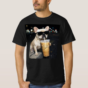 Camiseta   Bulldog Francês  Bebendo Café Gelado Humor Amant