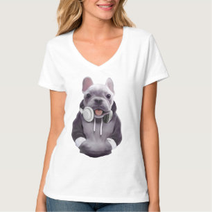 Camiseta Bulldog francês com fone de ouvido