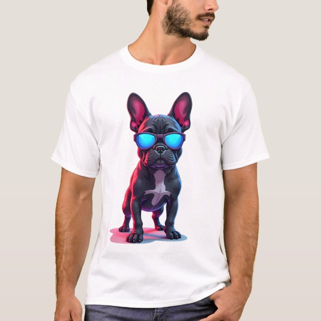 Camiseta Bulldog Francês de Ficção Científica Usando Óculos (Frente)