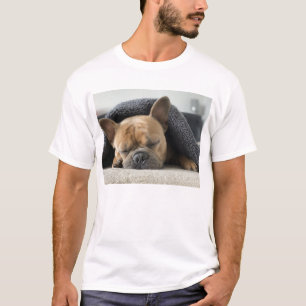 Camiseta bulldog francês debaixo de cobertor