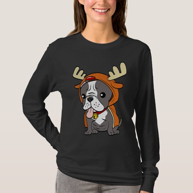 Camiseta Bulldog Francês Disfarçado de Rena Cães Natal (Frente)