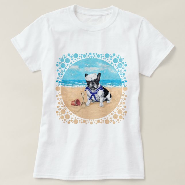Camiseta Bulldog Francês na Praia (Frente do Design)