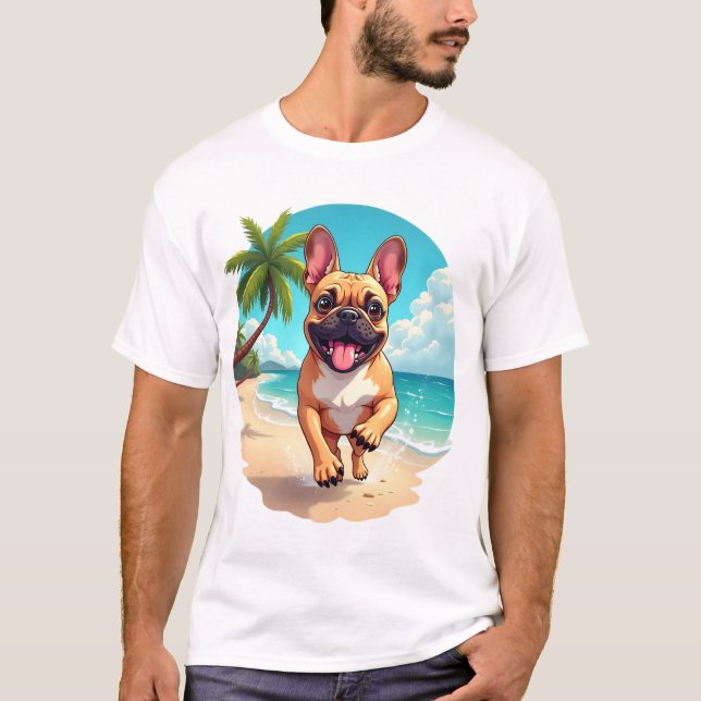 Camiseta Bulldog Francês numa Praia (Frente)