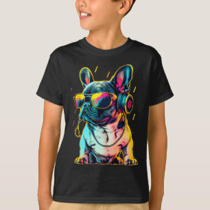 Camiseta Bulldog Francês Retrowave com Fones de ouvido e Su
