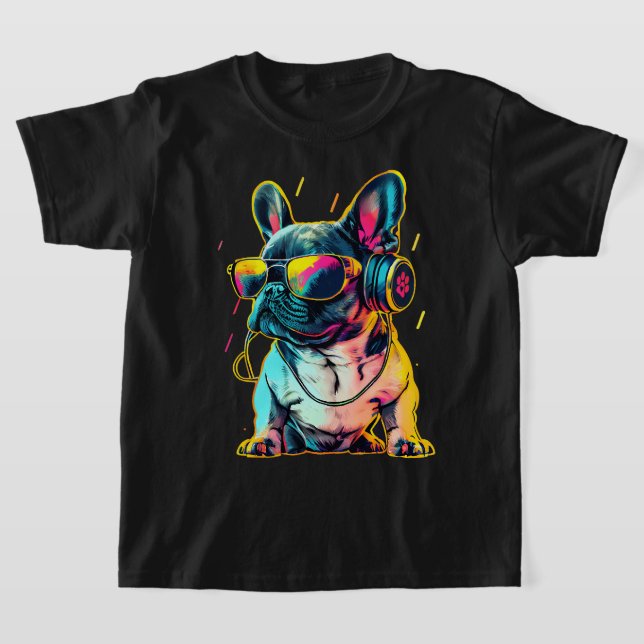 Camiseta Bulldog Francês Retrowave com Fones de ouvido e Su (Postura )