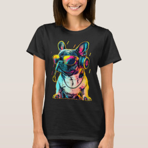 Camiseta Bulldog Francês Retrowave com Fones de ouvido e Su