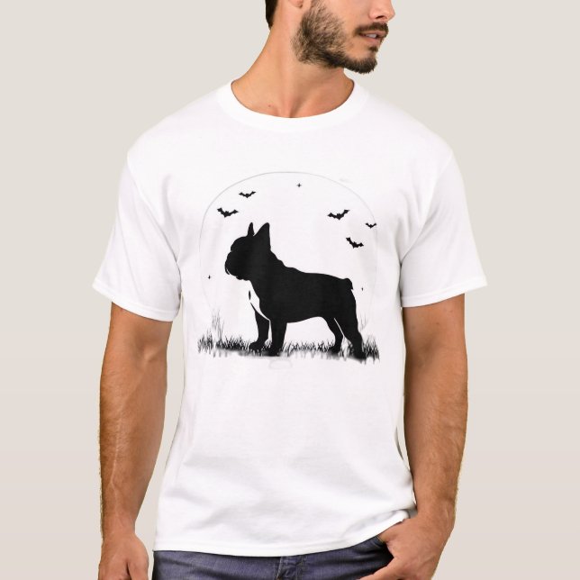 Camiseta Bulldog Francês � Silhueta de Lua de Halloween Ove (Frente)