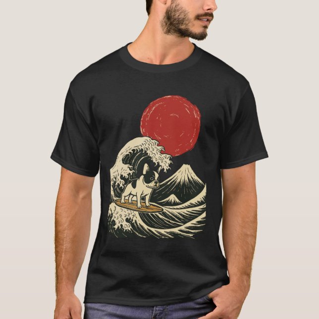 Camiseta Bulldog Francês Surfando Japonês (Frente)