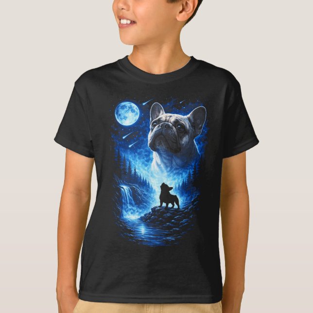 Camiseta Bulldog francês uivando para a lua noite estrelada (Frente)