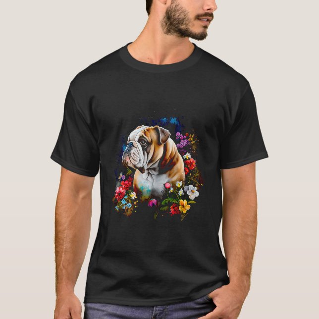 Camiseta Bulldog Inglês aquarela com flores 125 (Frente)