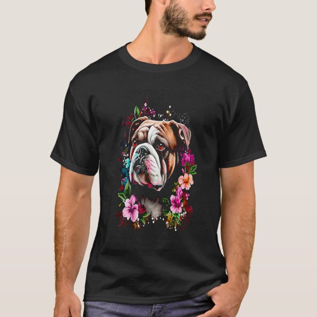Camiseta Bulldog Inglês em aquarela com flores  132 (Frente)