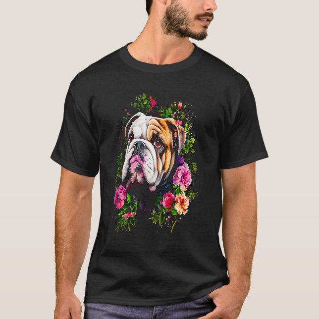 Camiseta Bulldog Inglês em aquarela com flores  146 (Frente)