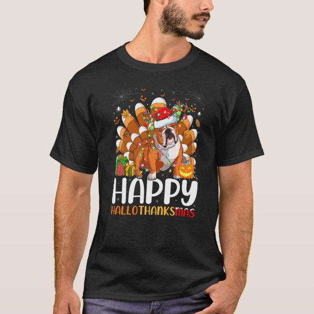 Camiseta Bulldog Inglês  Halloween Natal Hallothanksma (Frente)