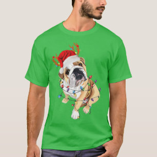 Camiseta Bulldog Inglês Rena Chapéu do Papai Noel Luz de Na