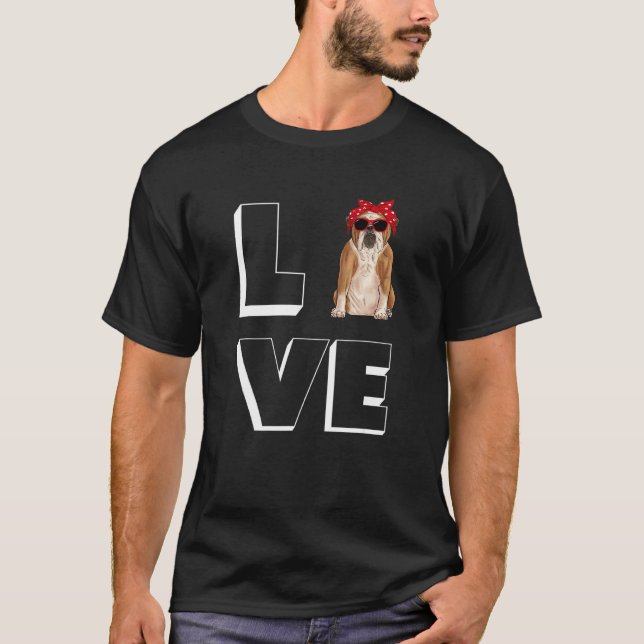 Camiseta Bulldog Love Heart Sunglass Dog English Bulldog (Frente)