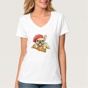 Camiseta Bulldogue francês com boina de croissant Francês e