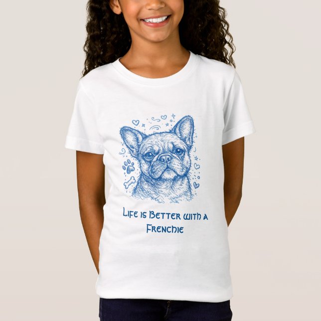 Camiseta Bulldogue Francês desenho linear azul doodle frenc (Frente)