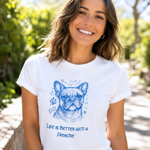 Camiseta Bulldogue Francês desenho linear azul doodle frenc