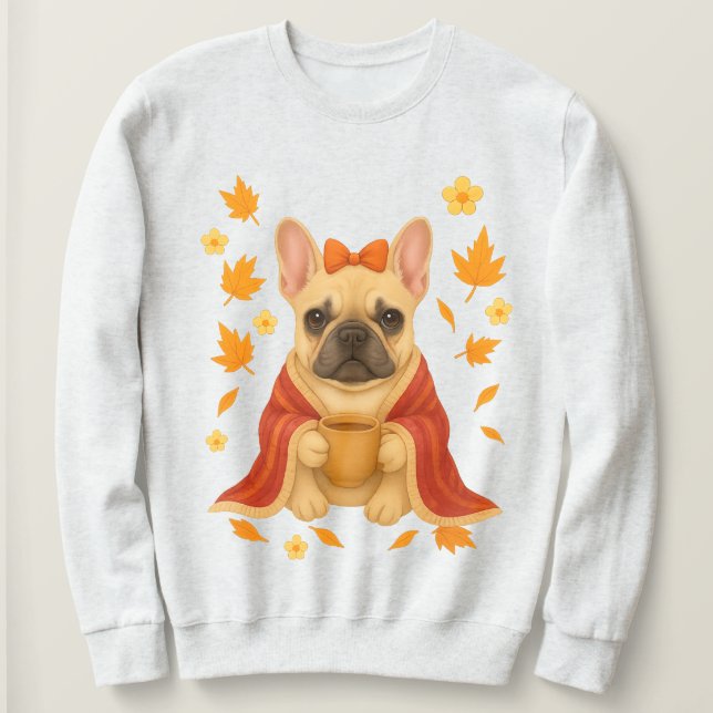 Camiseta Bulldogue Francês em Cobertor | Bebendo Café Aconc (Frente do Design)