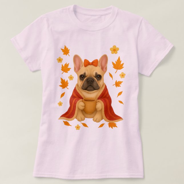 Camiseta Bulldogue Francês em Cobertor | Bebendo Café Aconc (Frente do Design)