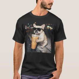 Camiseta Bulldogue Francês Engraçado Bebendo Café Gelado