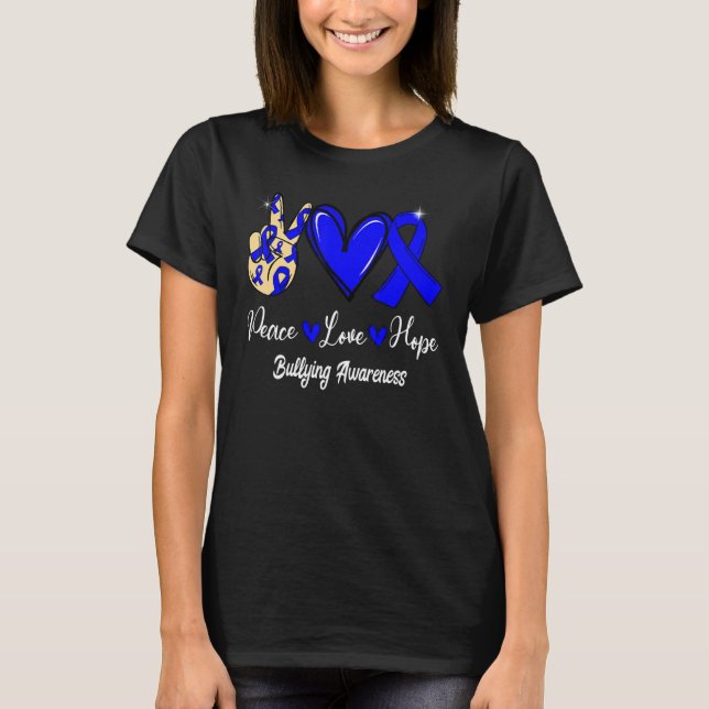 Camiseta Bullying Awareness Peace Love Hope Blue Ribbon (Frente)