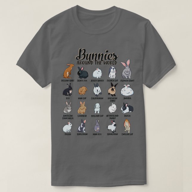 Camiseta Bunnies em todo o mundo Raças de coelhos (Frente do Design)
