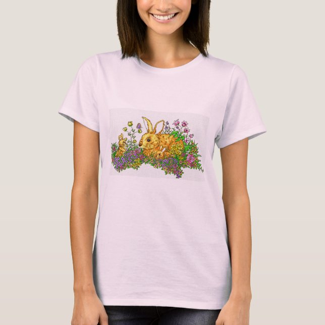 Camiseta Bunnies Springtime em Campo de Flores (Frente)
