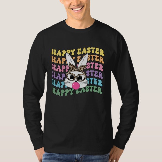 Camiseta Bunny Face Leopard Glasses Bubble Gum Happy Easter (Frente)
