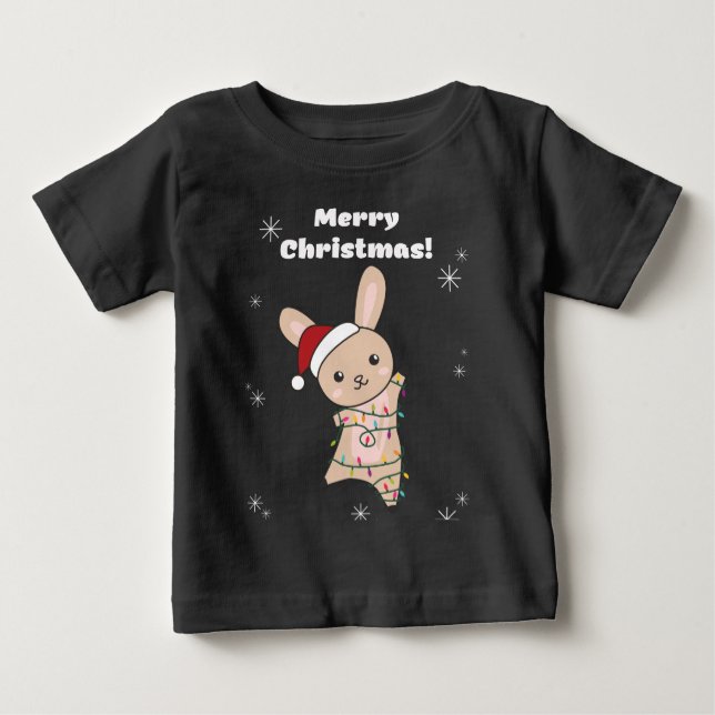 Camiseta Bunny Feliz Natal Animais de inverno Coelhos Bebê (Frente)