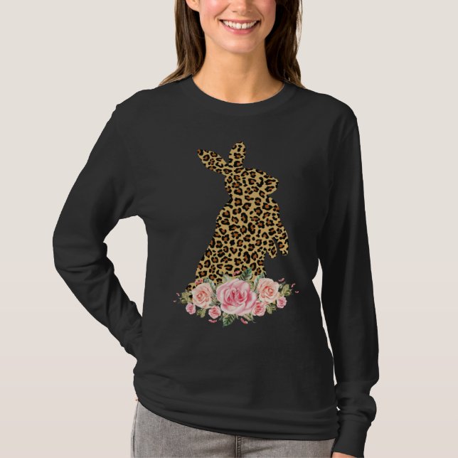 Camiseta Bunny Flowers Leopard Print Girls Women Happy East (Frente)