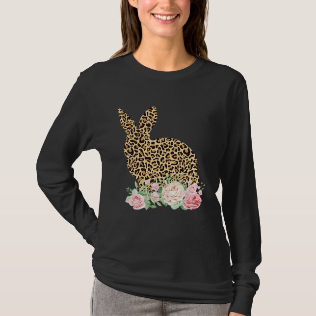 Camiseta Bunny Flowers Leopard Print Girls Women Happy East (Frente)