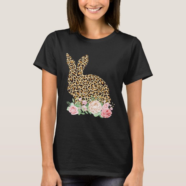 Camiseta Bunny Flowers Leopard Print Girls Women Happy East (Frente)
