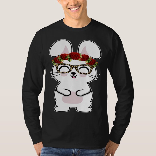 Camiseta Bunny Flowers Leopard Print Glasses Happy Easter W (Frente)