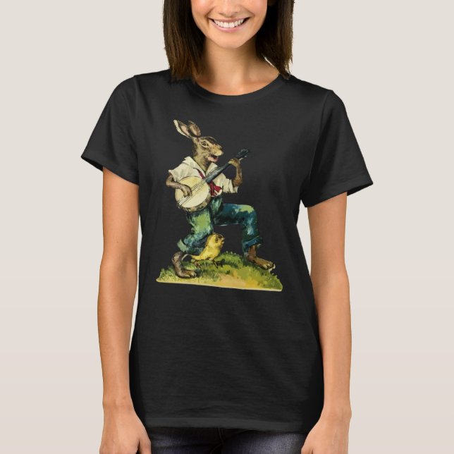 Camiseta Bunny Playing Banjo Guitar Music Rabbit Happy East (Frente)