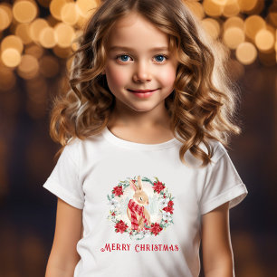 Camiseta Bunny Poinsettia Watercolor Girl Natal