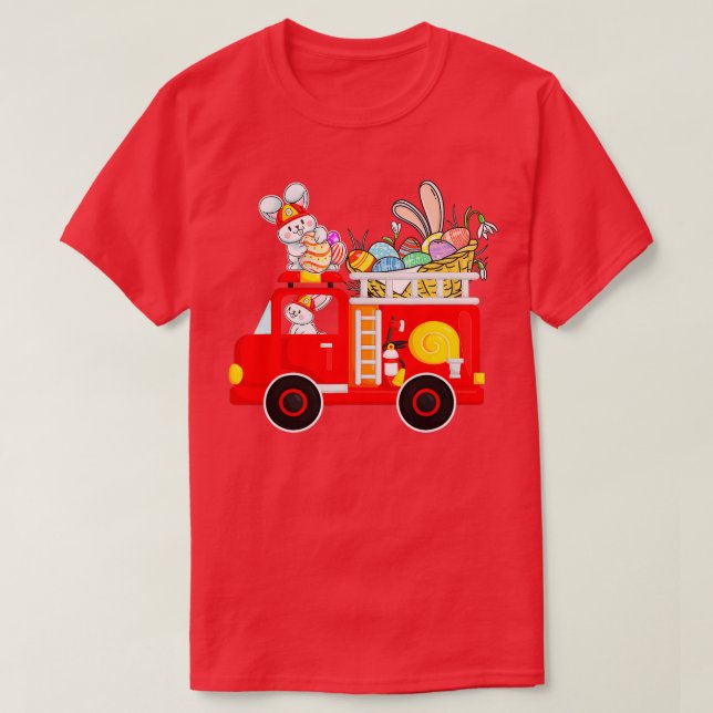 Camiseta Bunny Riding Firecaminhão Páscoa Dia Bunny Firecam (Frente do Design)