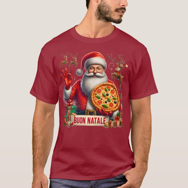Camiseta Buon Natale Italiana Papais noeis com Pizza e Rein (Frente)