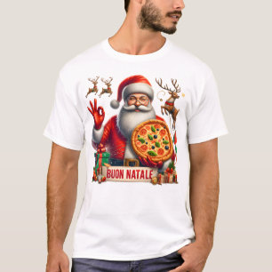 Camiseta Buon Natale Italiana Papais noeis com Pizza e Rein