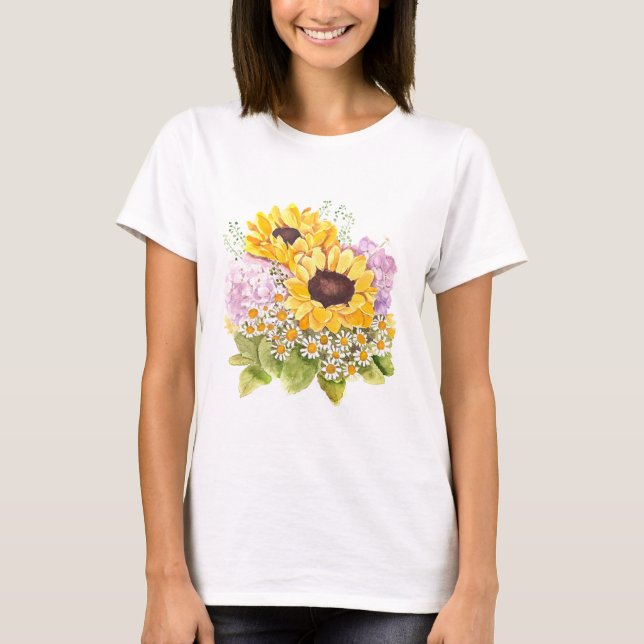 Camiseta buquê amarelo girassol magenta hydrangea (Frente)