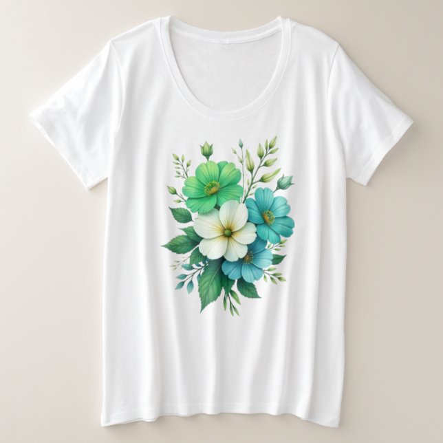 Camiseta Buquê de Flores Brancas Azuis-57453 (Frente do Design)