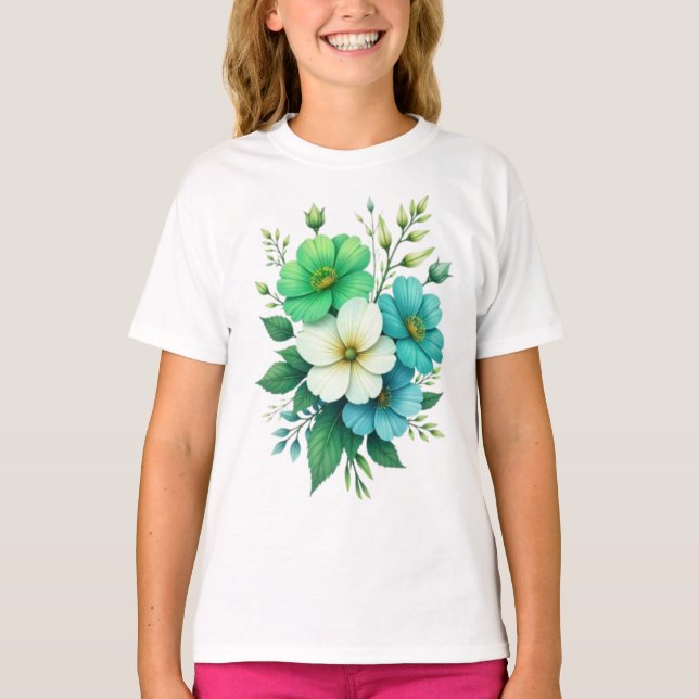 Camiseta Buquê de Flores Brancas Azuis-57453 (Frente)