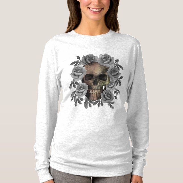 CAMISETA BUQUÊ DE FLORES CRÂNIO PRETO E BRANCO (Frente)