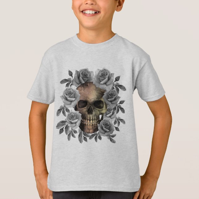 CAMISETA BUQUÊ DE FLORES CRÂNIO PRETO E BRANCO (Frente)