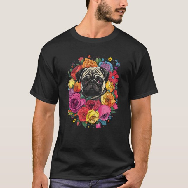 Camiseta Buquê de Flores Pug Adorável (Frente)