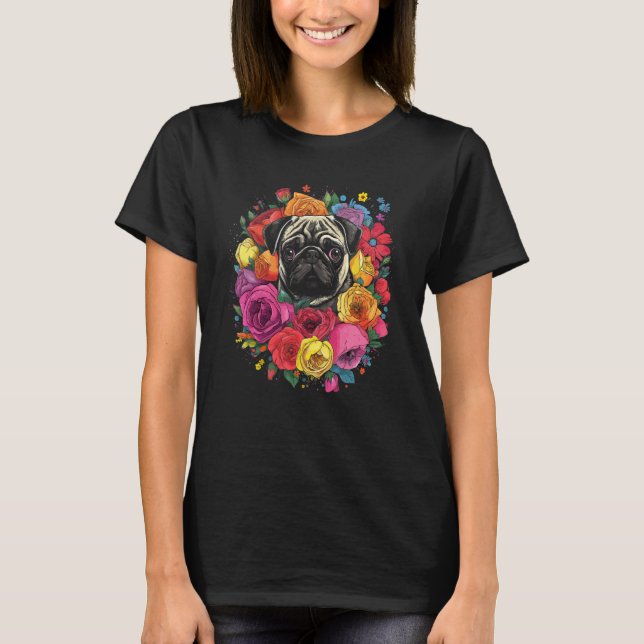 Camiseta Buquê de Flores Pug Fofo (Frente)