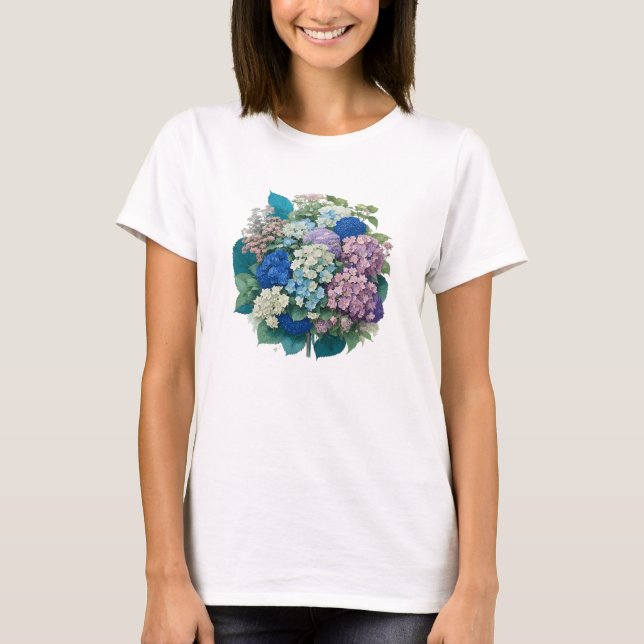 Camiseta Buquê de Hydrangeas Blue Tshirt rosa (Frente)